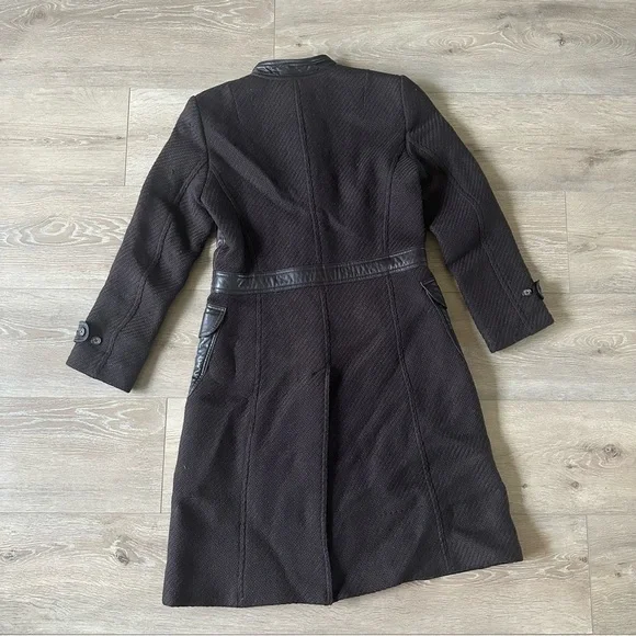 DKNY Italian Lamb Leather 100% Wool Midi Coat Brown Sz 6
